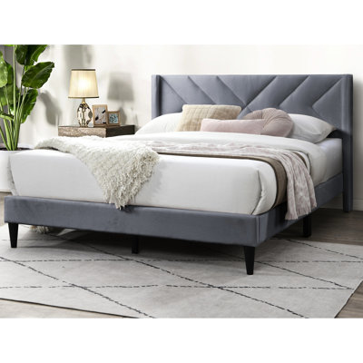 Contemporary Gray Velvet Upholstered Queen Bed, Modern Headboard, Wooden Slat Support Elegant Bed With Upholstery, Streamlined Headboard Design, No Box Spring