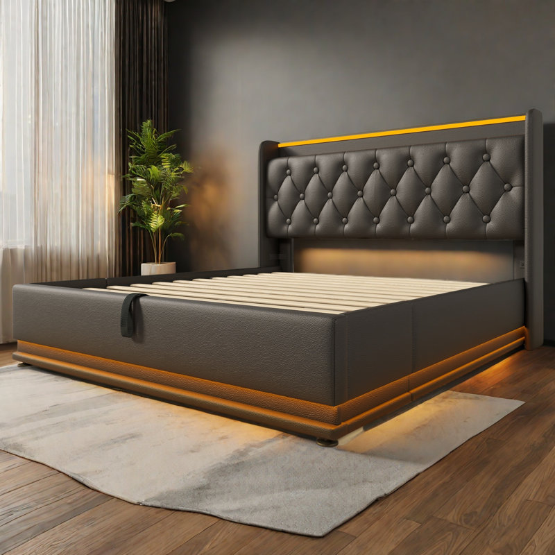 Upholstered Bed, 360 Surround LED Function, Buttons/Apps/Remote Control, Hydraulic Storage Bed With USB Type-C Charging, Black, PU