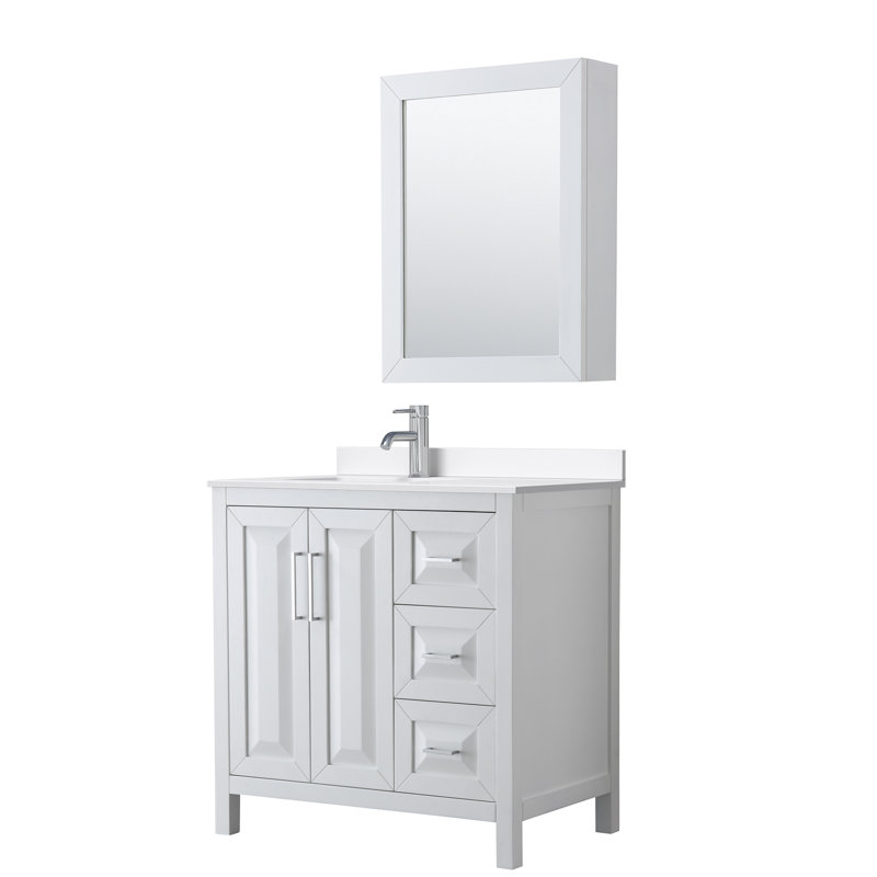 Ensemble de meuble-lavabo simple 36 po avec plateau en quartz Daria, Quartz blanc, Blanc, Chrome poli
