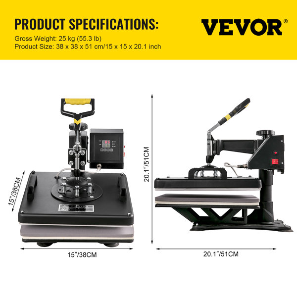 VEVOR Heat Press, 5 in 1 Heat Press Machine Machine 12x15, Clamshell Sublimation Transfer Printer Fast Heat-up, Digital Precise