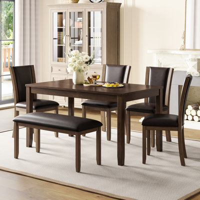 6 Dark Walnut Dining Table With Bench And Chairs, Rustic Flair Walnut, Table, Bench,