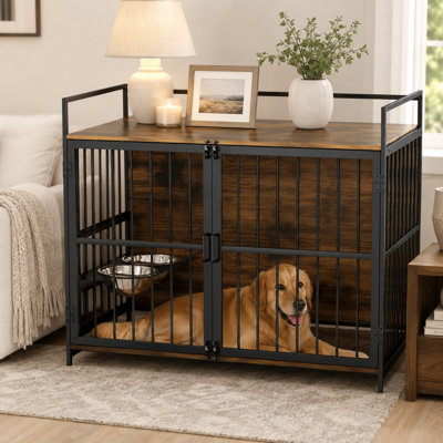 Heavy Duty Dog Crate Furniture for Large Dogs with Adjustable Feeder