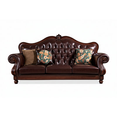 94" Traditional Leather Chesterfield Sofa, Tufted High-Back With Hand-Carved Solid Wood Frame