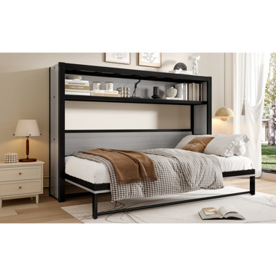 Twin Size Murphy Bed With Shelves, Metal Wall Bed With Foldable And Space-Saving Design, Grey