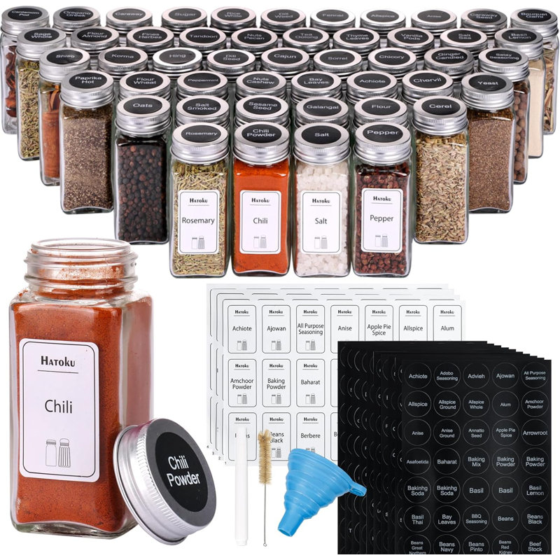 48 Pack Spice Jars With Labels, Glass Spice Jars With Lids And 400 Labels, 4Oz Square Seasoning Containers With Shaker Lids And Silicone Collapsible Funnel, Brush