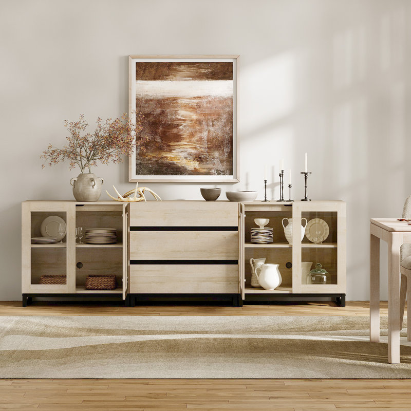 3 In 1 Modern Sideboard With Glass Doors And 3 Drawers,Storage Cabinet With Adjustable Shelves, Coffee Bar Cabinet For Living Room, Kitchen