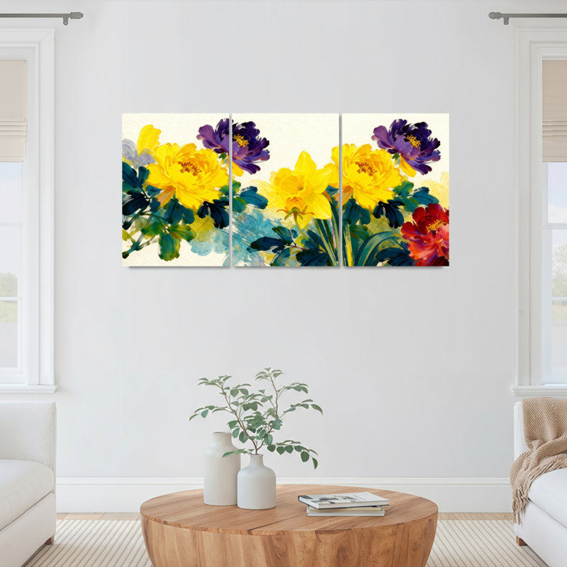 Tableau floral aquarelle sur toile tendue (lot de 3), H 36 po x l 72 po