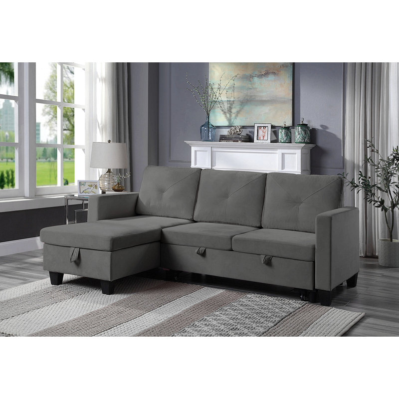 82.5" Velvet Reversible Sleeper Sectional Sofa With Storage Chaise, Dark Grey