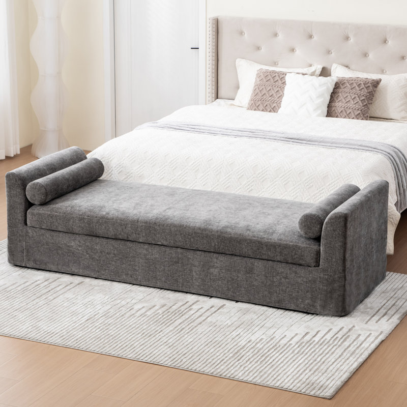 88.5" W Slipcovered Chenille Upholstered Bench, Gray