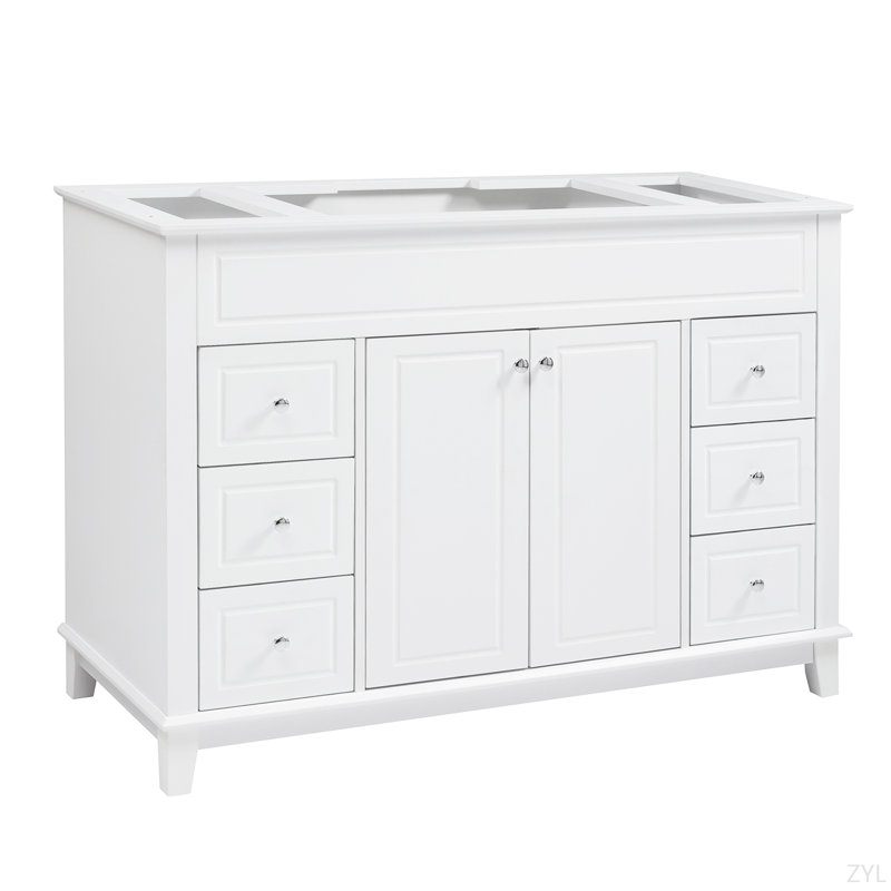 Meuble-lavabo 46 po sans lavabo, armoire seulement, 6 tiroirs à fermeture en douceur et portes doubles avec tablettes à 2 niveaux, pieds en pin massif, blanc