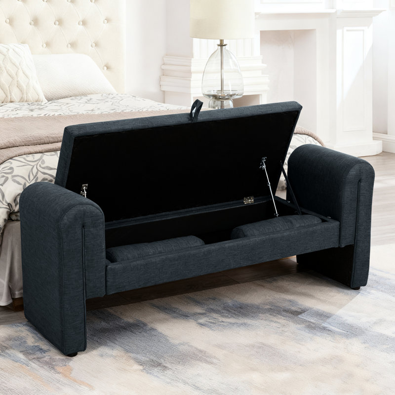 Banc moderne bleu foncé de 60 pouces avec rangement, sièges spacieux pour deux, banc de rangement parfait pour les activités et les chambres, plusieurs personnes confort, couloirs