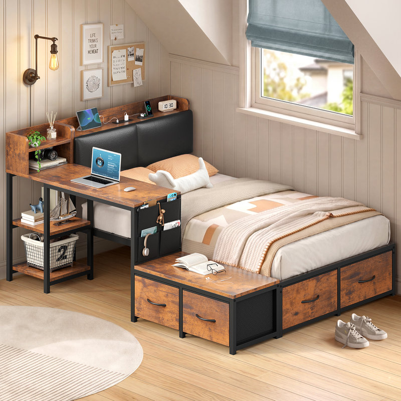 Lit de jour simple avec bureau, base de lit d'angle avec tête de lit, Full, Noir et brun