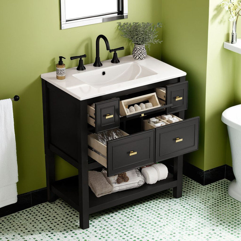 Meuble-lavabo moderne? 30 po - 5 tiroirs, poignées dorées et bassin pré-percé, Noir