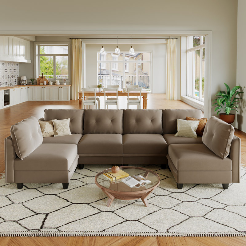 Tomario 6 - Piece Upholstered U-Shaped Modular Sectional With Storage, Brown Polyester