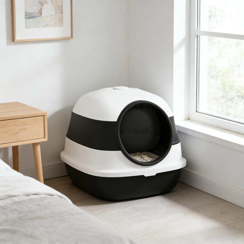 Litière pour chat, litière avec couvercle, Noir / blanc