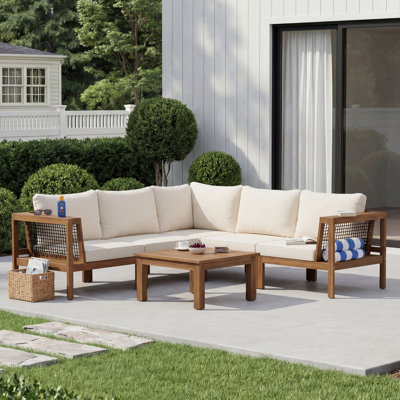 4 Piece Acacia Wood Outdoor Sofa Set Patio Conversation Set, L-Shaped Teak Look with Cushions & Tables
