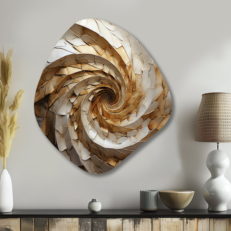 «Beige Minimalisme Spiral Poteries I», art mural asymétrique abstrait en métal, impression d'art moderne de forme irrégulière