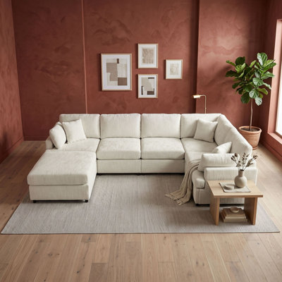 6-Piece Modular Sectional Sofa with Movable Ottoman, Chenille Upholstered Sofa with Solid Wood Frame for Living Room