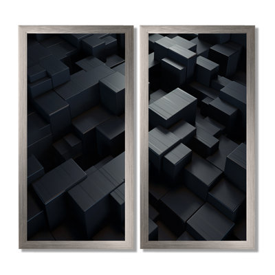 3D Black Brick Cube Dimensions - Abstract Geometric Framed Canvas Print, Black Abstract Wall Art 2 Piece