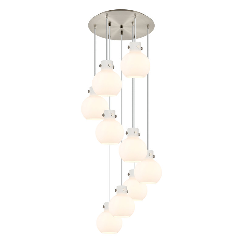 Luminaire suspendu 9 lumières Amrith, Blanc, Nickel satiné brossé