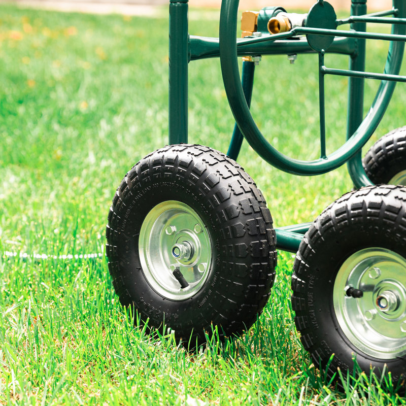 Green Steel 4-Wheel Garden Hose Reel Cart with Climate Resistant Finish
