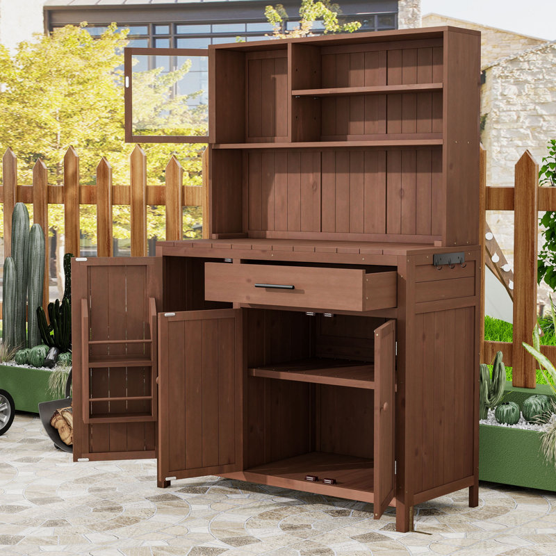 Banc de rempotage en bois de sapin avec poste de travail spacieux, tablettes réglables, support à épices et crochet latéral