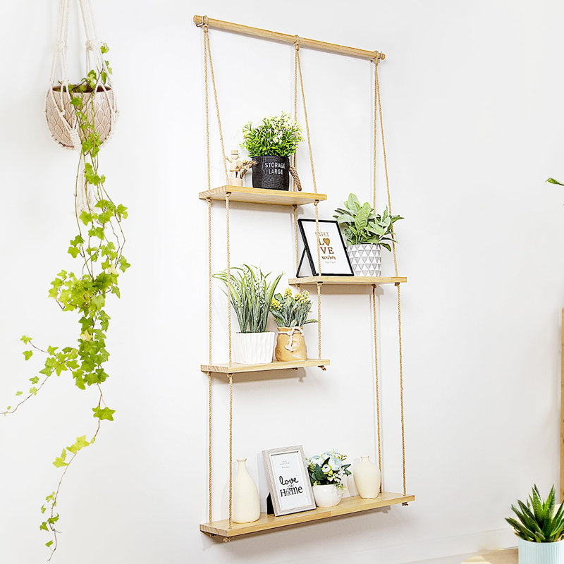 Macrame Plant Wall Shelf - Handmade Boho Floating Rope Shelf