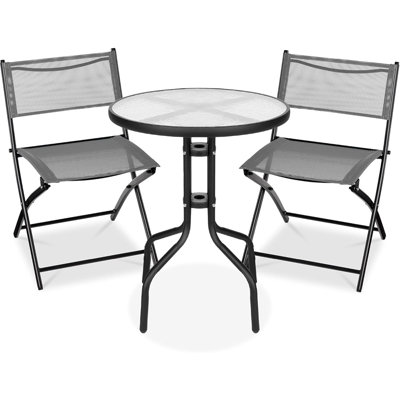3-Piece Patio Bistro Dining Furniture Set W/Glass Tabletop, 2 Folding Chairs, Steel Frame, Polyester Fabric - Gray