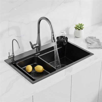 Évier de cuisine en acier inoxydable noir, avec insonorisation et acier de calibre 304, simple cuve rectangulaire et planche à découper, style moderne résistant aux égratignures