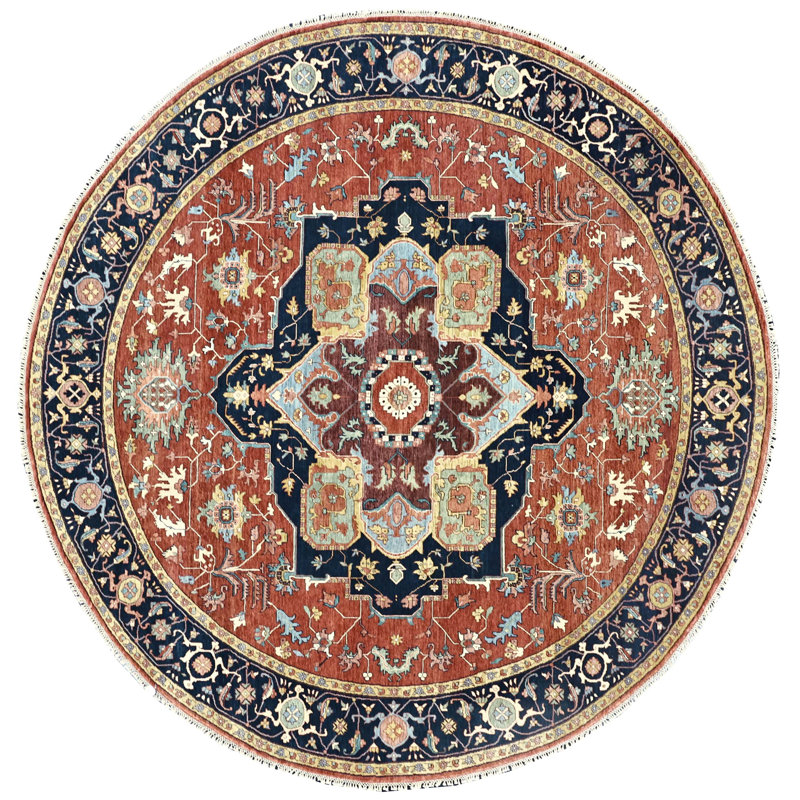 Hand Knotted Wool Oriental Area Rug in Red/Blue/Black/Yellow, Round 10'