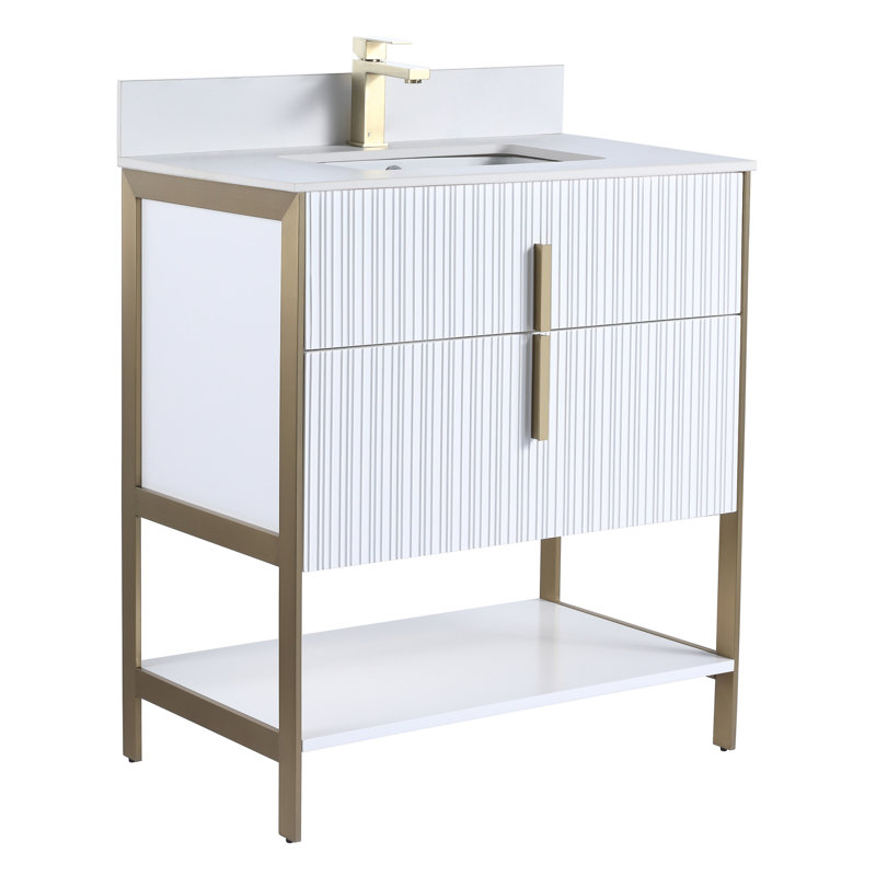 Meuble-lavabo moderne avec plateau en pierre blanche Fine Fixtures Serenity, Blanc mat / laiton, 30"