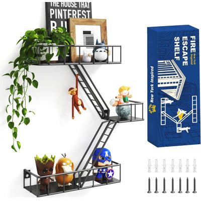 Three layer metal fire-resistant ladder wall storage container, New York style decorative rack, black floating action small statue display rack, used for bedroom decoration.