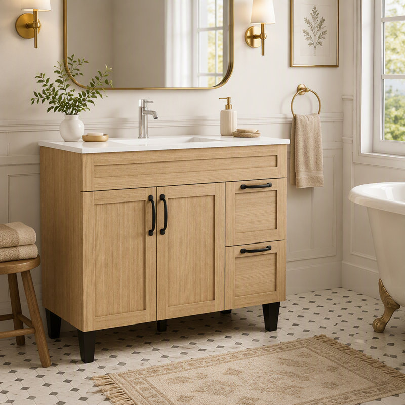Meuble-lavabo moderne avec lavabo, grand espace de rangement, charnières à fermeture en douceur et montage facile pour des salles de bains élégantes et fonctionnelles.