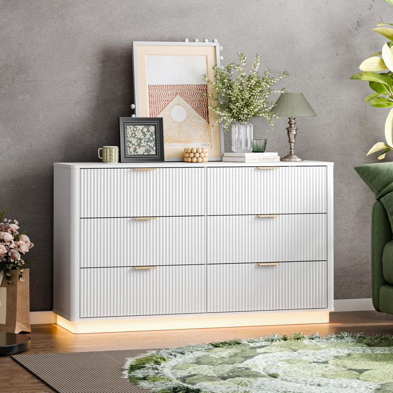 54" Wide Modern Chest Of Drawers With Lighting,Fluted Dresser For Bedroom With 6 Drawers,, White