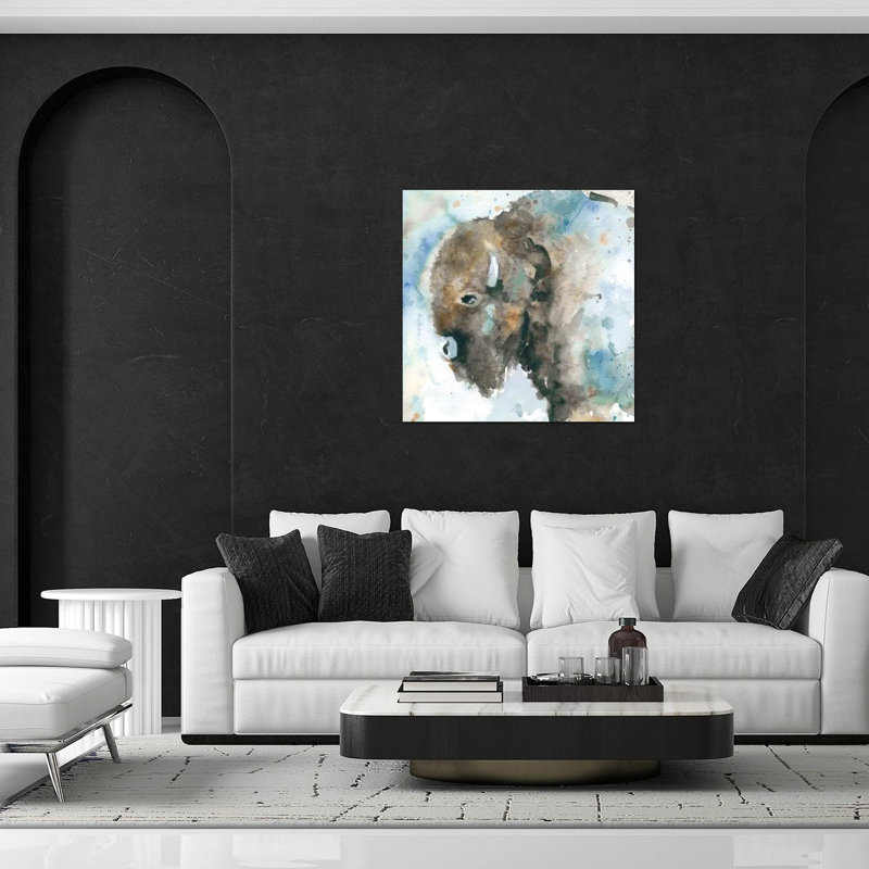 «Buffalo on Blue» par Carol Robinson - peinture sans cadre, H 24 po x l 24 po x P 0,25 po
