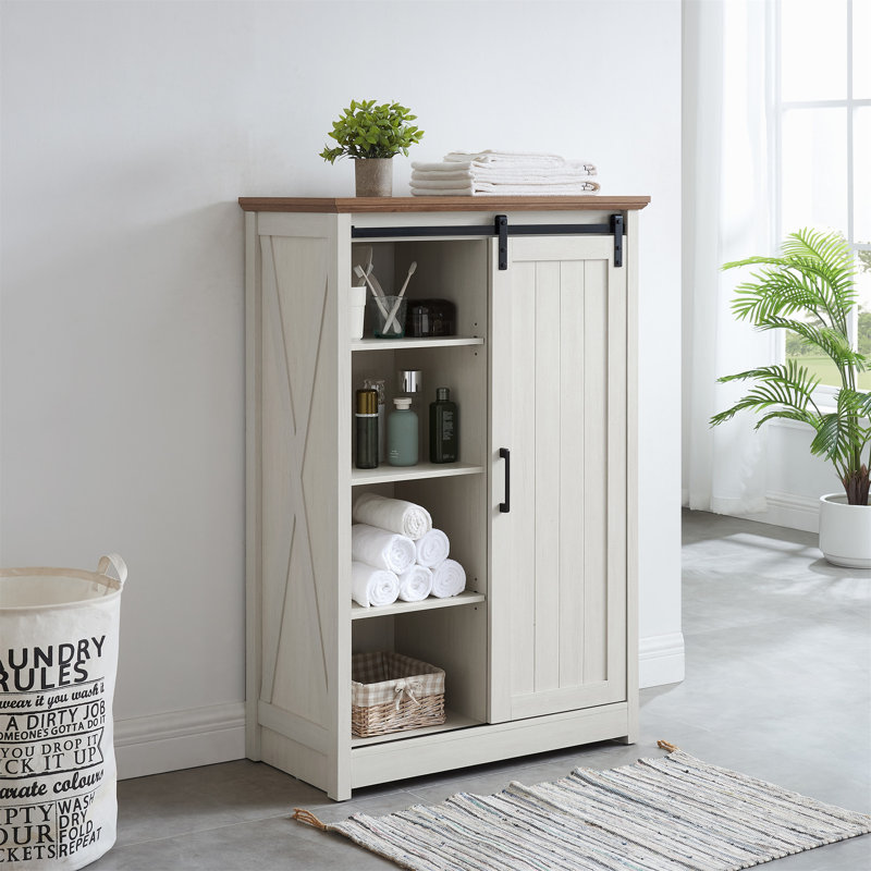 5 Drawers Dresser W/Sliding Barn Door, White/Brown