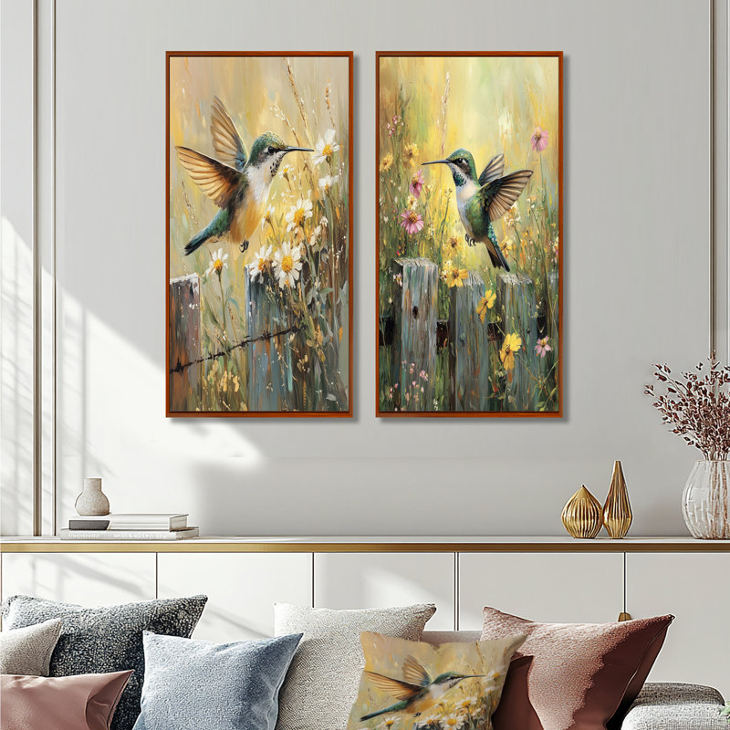 Colibri par la ferme clôture I - animaux, art mural 2 pièces, H 32 po x l 33 po, Cadre flottant brun