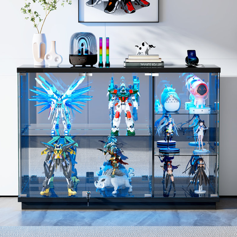 Buffet moderne de 47 po de largeur avec lumières DEL, armoire vitrée avec station de charge, Noir