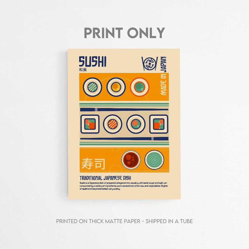 Affiche de sushi - Illustration rétro de nourriture japonaise, H 10 po x l 8 po, Impression encadrée avec passe-partout