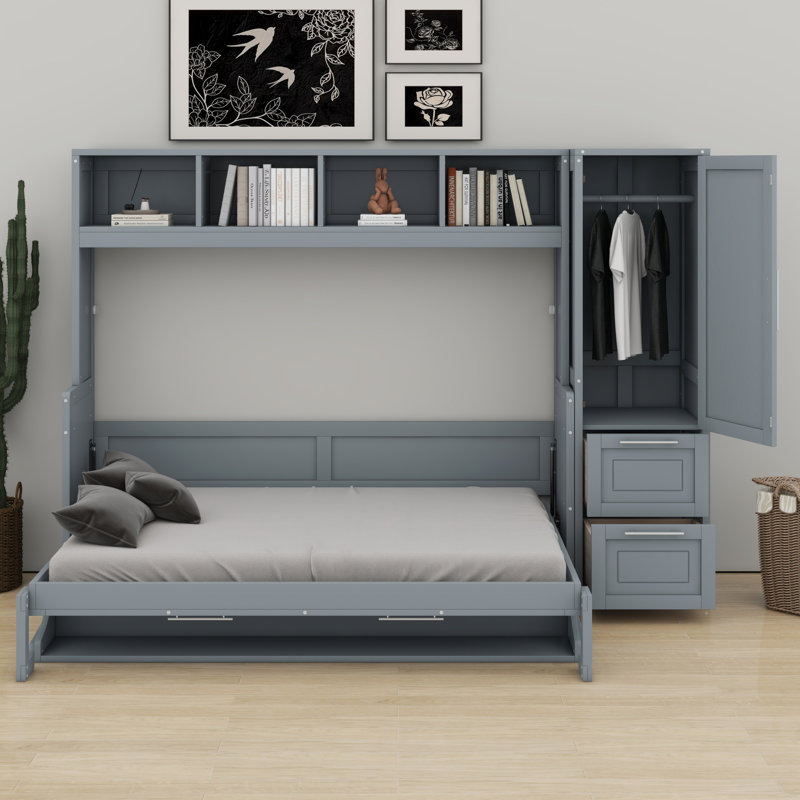 Lit escamotable Murphy avec placard et tiroirs, Gris