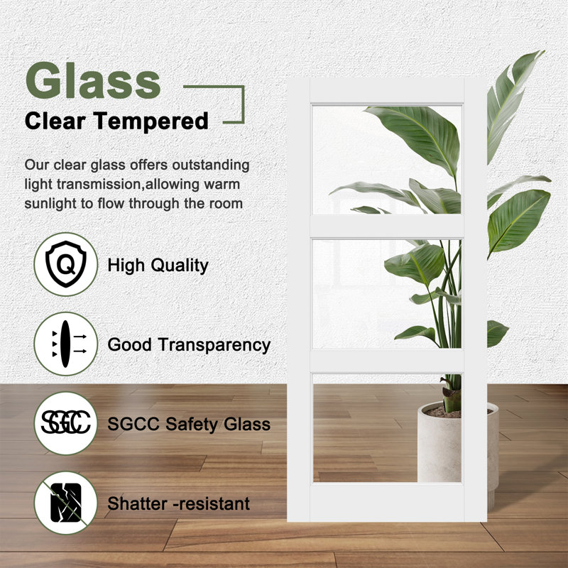 White Primed Solid Core 3-Panel Clear Slab Glass Door Suitable For Bathroom/Pantry, 32" x 80"