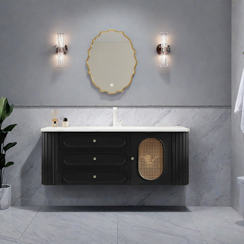 French cream-style rattan bathroom cabinet, 55"