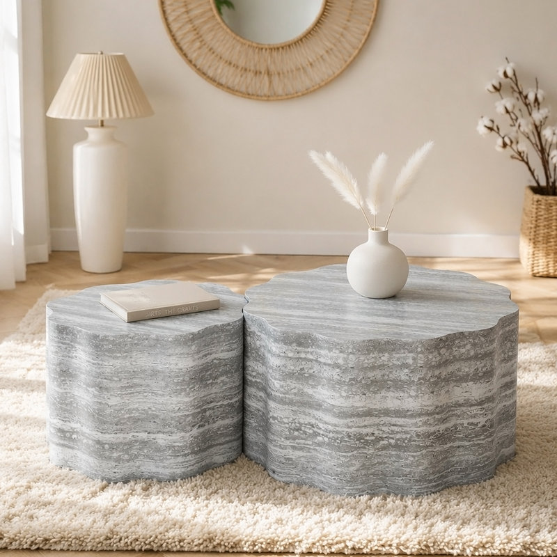 Ensemble de 2 tables basses rondes pour salon, tables d'appoint modernes à motif de faux Mars, table de bout décorative pour appartement, bureau