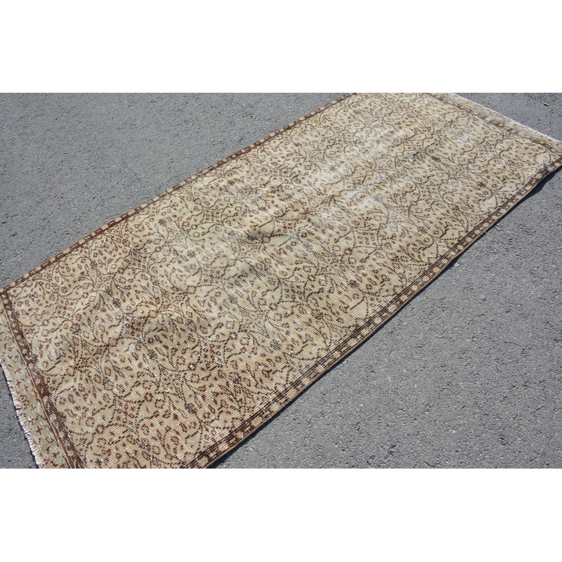 Tapis en laine beige, tapis 3,6 x 7,7 pi, tapis turcs, tapis Oushak, tapis rétro, tapis antiques
