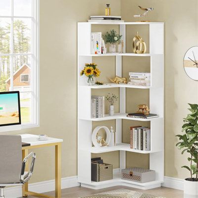 64.96" Tall 6 Tier Corner Bookshelf, 64.9 Inches Tall Industrial L Shaped Bookcase with Anti-Drop Panel, Freestanding Grain Shelf Display Rack Storage Organizer for Home Office