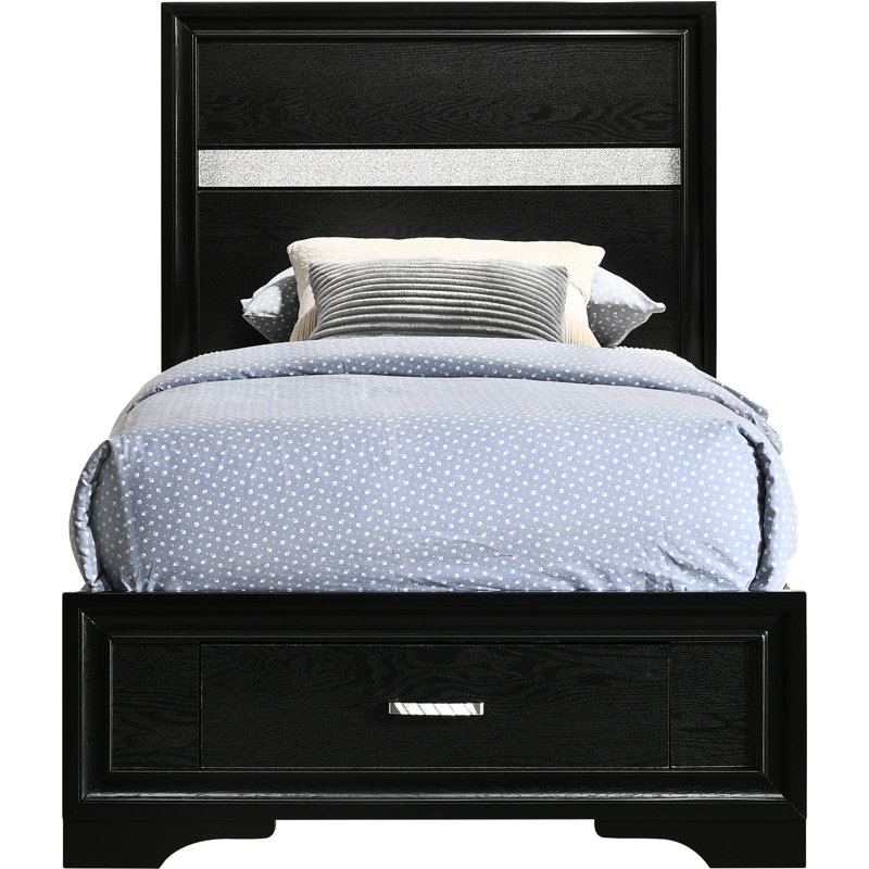 Lit simple à panneau noir avec tiroirs intégrés et garniture en cristal, plateforme à lattes, bois franc asiatique, longs tiroirs en stratifié de 78,52 pouces, garniture à paillettes sur poignées, bois massif