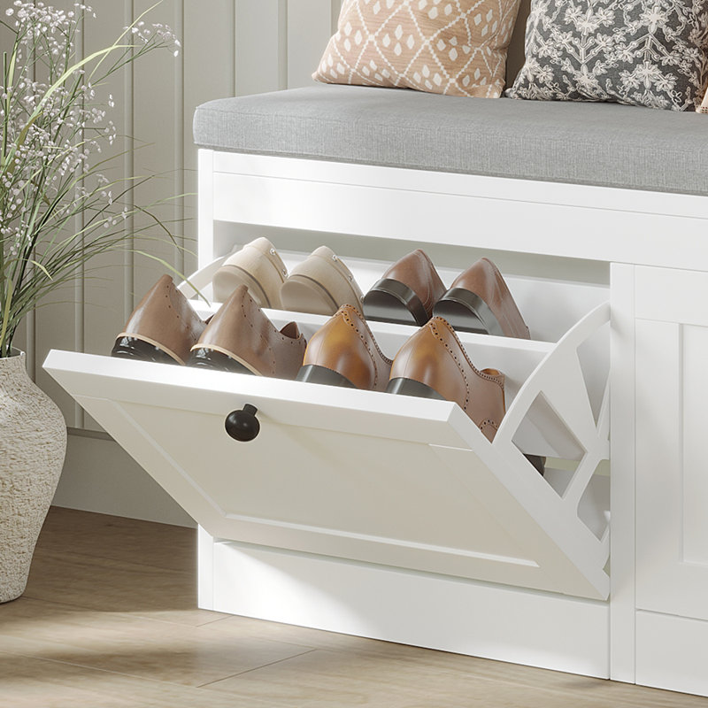 Banc à chaussures pour 8 paires avec coussin moelleux et étagères ajustables, banc à chaussures 2 portes pour entrée, Blanc