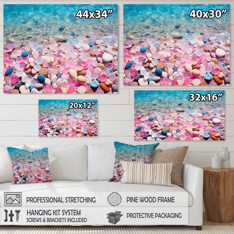 Cailloux roses sur une plage bleue azur sur toile, Cadre photo argenté, H 12 po x l 20 po x P 1 po