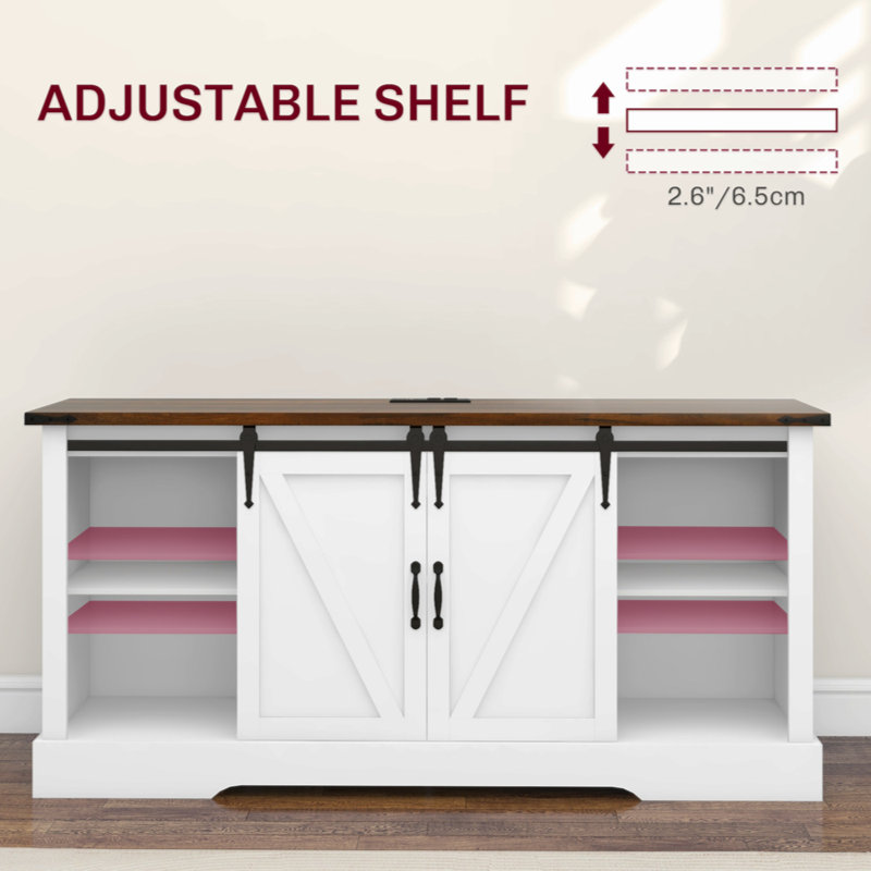 White Farmhouse Coffee Bar Cabinet with Sliding Barn Doors and Charging Station
