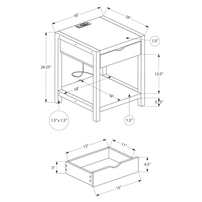 Table d'appoint, h 24 po, table de bout à 2 niveaux, table de bout, table de chevet, lampe, tiroir de rangement, stratifié chêne noir, métal noir, contemporain